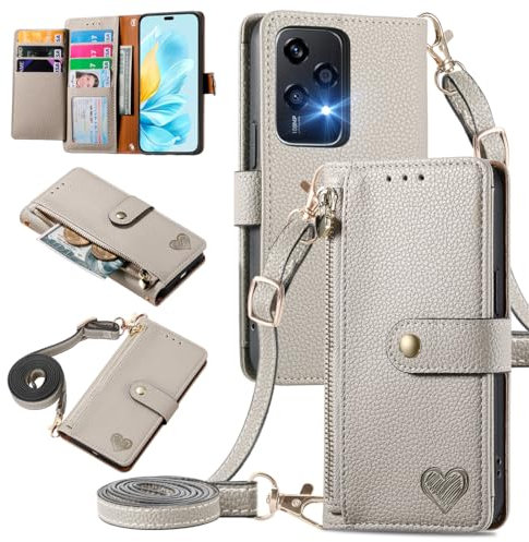 MOJIA Coque Porte Monnaie pour Honor 200 Lite 5G, Etui Anti-Chute Portefeuille en Cuir, Multifonctionnel Porte-Cartes avec Bandoulière Réglable. Gris