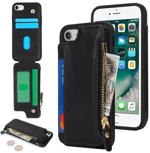 SailorTech Etui pour iPhone 7/8/SE2/SE3 Étui avec Porte-Cartes de crédit, Housse pour iPhone SE 2020/SE 2022 Étui à Fermeture éclair Portefeuille avec Fentes pour Cartes de crédit-Noir
