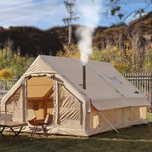 Sport Tent 4 Season Cotton Canvas Waterproof Inflatable Tent with Pump and Stove Jack Hole,4-6 Person Blow Up Tents Pop-Up Tents,Easy Setup Family Tent