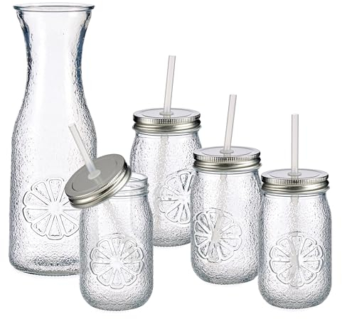 Jarra para Agua de 1L con Tapa y 4 Vasos con Pajita de 400ml Jarra de Cristal Resistente al Calor para Agua Caliente Y Fría