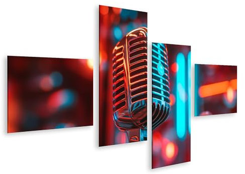 islandburner Prime Bild auf Leinwand Nahaufnahme klassisches Retro Mikrofon Neonlichter Vintage Mic leuchtende Farben Bilder Wandbilder Poster