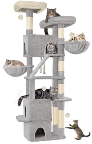 Hzuaneri 185 cm Arbre à Chat, Grande Tour à Chat pour Chats d'intérieur avec 2 Plates-Formes, 3 Condos, 6 Priffoirs, 2 Paniers, Pompons, Coussin Lavable, Gris Clair MS18818LG