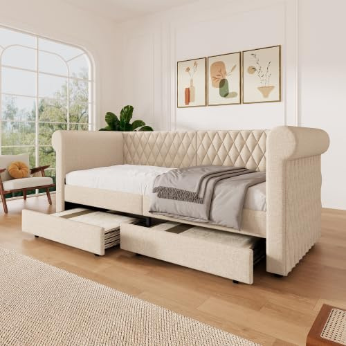 ANIROY Polsterbett 90x200cm, Schlafsofa Daybett Tagesbett Sofabett mit 2 Stauraum Schublade, Stauraumbett, Linen Kinderbett Jugendbett Bettgestell mit Lattenrost aus Holz, Ohne Matratze (Beige)