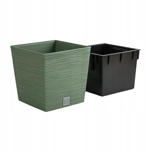 B2C Square FURU Style Look Planter Tall Flower Plant Pot Indoor Outdoor Garden Home Decor Garden Patio Textured with Spacer Insert (Earth green, 300mm - 12)