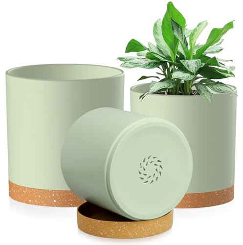 Homeuouz 3 Packs Blumentopf mit Untersetzer, 15.2cm/12.7cm/10.7cm Pflanzentopf, Plastik Übertopf, Hydrokultur Topf, Blumentöpfe Set Ideal für Innen und Balkongärten, Grün mit braunes Tablett