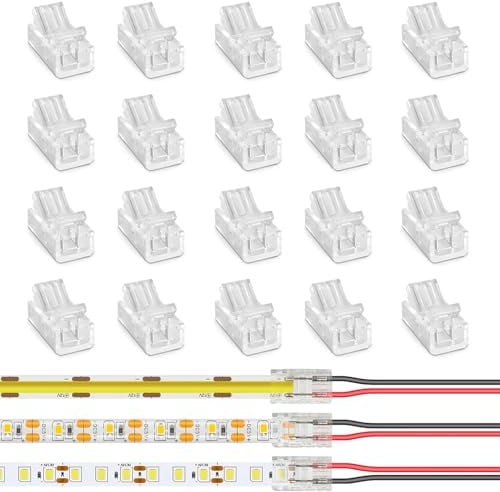 JDCMEI 20 Stück 2-Pin 8mm COB-Streifen-Adapter, transparenter Lötfreier Lichtleisten-Verbinder für SMD-Streifen