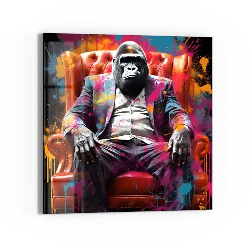 DEQOART Glasbild Echtglas | Motiv Gorilla Lounge | quadratisch einteilig 50x50 cm | schöne Dekoration | Wandbild für Wohnzimmer, Schlafzimmer, Flur & Küche | moderne Wanddeko