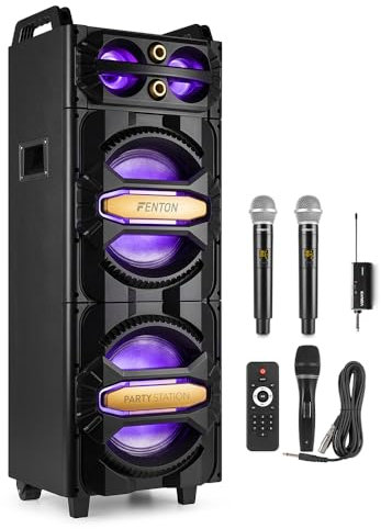 Fenton LIVE2102 Karaoke System – 800W House Party Speaker with Bluetooth, RGB LED Lights, Wired Mic & Vonyx WM552 Karaoke Speaker with Wireless Microphone – Dual 10” Woofers