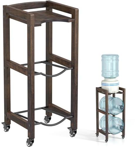 Soporte para jarra de agua de 3 niveles de 5 galones con estante superior, 4 ruedas de metal o patas ajustables, dispensador de agua de madera natural, organizador de madera para cocina, oficina