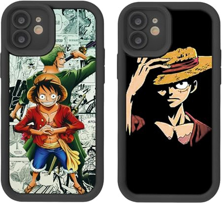 2 Pack Phone Case For iPhone 15 PLUS 6.7 inch, Anime Gear 5 Nika Luffy Zoro Aesthetics Cartoon Pattern Shockproof Aesthetics Design Full lens Protection Cover for Children Boy Girl, Black