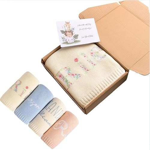 Coperta neonato personalizzata – Maglia in cotone su misura con nome ricamato | Coperta morbida e traspirante per neonato con scatola regalo e biglietto – Pronta per essere regalata