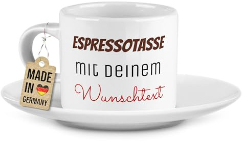 Tassendruck Espressotasse bedrucken mit 3 Zeilen Text - Beidseitig personalisiert mit Namen, Spruch - Persönliches Geschenk zum Jubiläum oder Geburtstag - Keramik-Tasse mit Untertasse, 70 ml