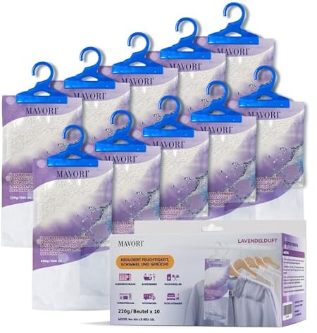 MAVORI Set 10 deumidificatori XL da appendere | deumidificatori a sacchetti | deumidificatore da armadio e assorbiumidità per ambienti contro umidità, fino a 500 ml per sacchetto (Profumo di lavanda)