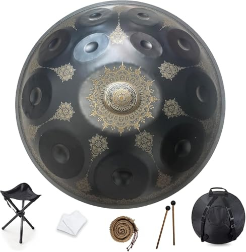 12 Noten 22 Zoll Handpan, D-moll 432 Hz Stahl Trommel Perkussionsinstrument, Mandala Musikalische Performance Handgemachte Heilung Musikinstrument Geschenk, Black mandala-12 Tones, 432hz