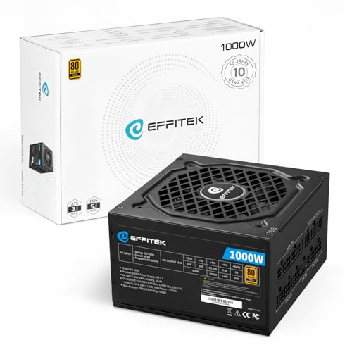 EFFITEK 1000 Watt Computer Vollmodular ATX 3.1 PC 12V Netzteil 80 Plus Gold | PC Gaming Netzteil ATX 3.1 & PCIe 5.1 Modular PSU für PC Gehäuse ATX, Power Supply, ATX Netzteil, 12V 2x6 Kabel GPU, 80+ Gold