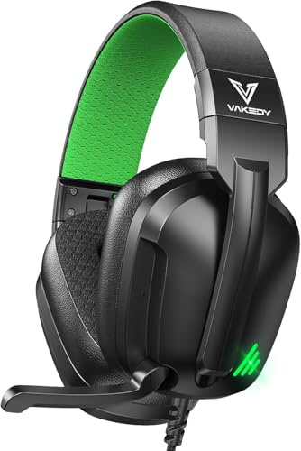 Vakedy Gaming Headset für PS4,PS5,PC,Xbox,Switch,Gaming Kopfhörer mit Mikrofon,High-Definition Kopfhörer mit Geräuschunterdrückung und 3,5 mm Buchse Inline-Bedienelementen- Schwarz/Grün