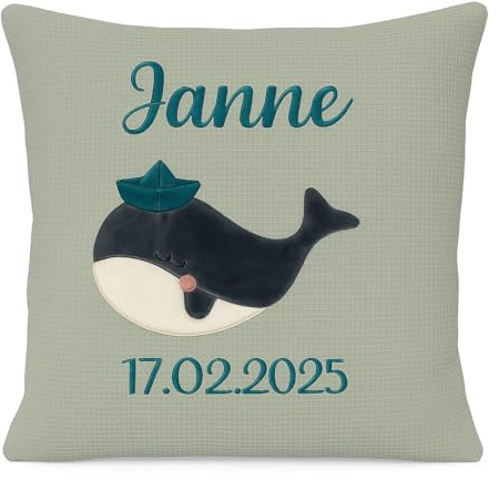 Generisch Almstübchen Kissen aus Waffelpique Bestickt und Personalisiert Wal aus 100% Baumwolle mit Hotelverschluss 40x40 cm für Kinderzimmer Dekokissen