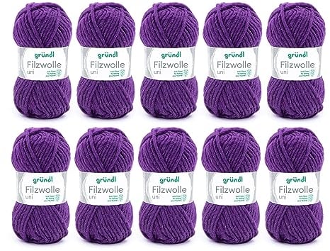 Gründl Wolle Filzwolle uni - Dicke Wolle zum Filzen in der Waschmaschine - Strickgarn zum Filzen - Weich und hautfreundlich - 100 % Schurwolle - 10 Knäuel 50 g /50 m -Nadelstärke 8 -9 - Lila