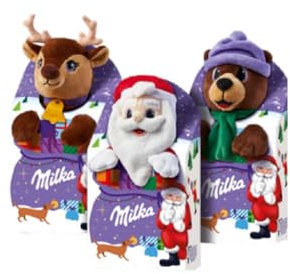 Milka, 1 Astuccio di Peluche di Natale Disponibile in 2 diversi personaggi con Deliziosi Cioccolatini al Latte, Latte Alpino 100% Cacao Sostenibile, 98g di Tenero Cioccolato Milka