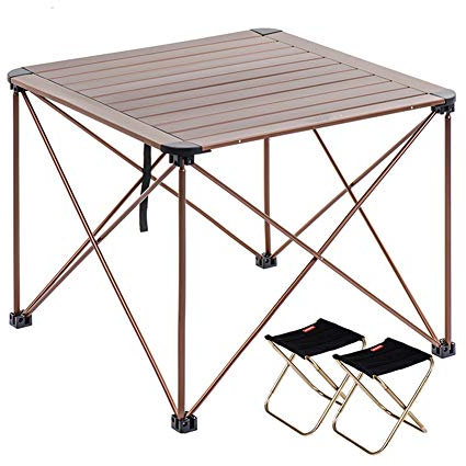 AIZYR Aluminium Leichtgewicht Camping Tisch mit 2 Klapphocker, Falten Picknicktisch mit Aluminium Tischplatte und Tragetasche zum Kochen/Wandern,A,S