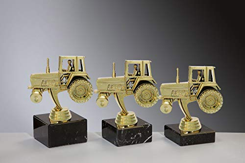 Henecka Landwirtschaft Trophäe, Traktor Bauern Pokal, Schraubfigur Traktor mit Bauer Gold, Marmorsockel schwarz, mit Wunschgravur, wählbar in 3 Größen oder als 3er-Serie (Sockel 70 x 40 mm)
