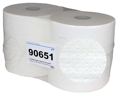 Gigant-Toilettenpapier-Rollen | Jumbo-Großrollen | 2-lagig | Zellstoff hochweiß | 2000 Blatt/Rolle | geprägt + perforiert | 360 m/Rolle | besonders weich | Ø 26,5 cm | Handelseinheit 6 Rollen im Pack