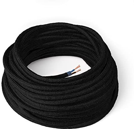 Amarcords - Cable de tela color NEGRO, redondo, yute, 1 metro, con 2 conductores 2x0,75 - Hilo eléctrico textil de color estilo clásico para lámparas bricolaje y iluminación vintage.