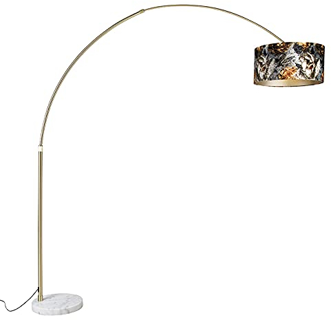Qazqa - Klassisch I Antik Messing Bogenleuchte I Bogenlampe I Lampe I Leuchte mit Blumenmuster Schirm 50 cm - XXL I Wohnzimmer I Schlafzimmer - Stahl Länglich - LED geeignet E27