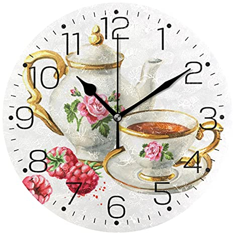 Moyyo Cup Of Tea Wall Clock Silent Non Ticking Battery Operated Wall Clock Modern Round Frameless Decorative Wall Clock for Living Room Kitchen Bedroom Office School Classroom Farmhouse