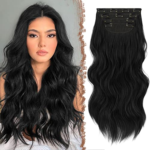 FESHFEN Clip-in-Haarverlängerung, dickes Haarteil, lang, gewellt, für den gesamten Kopf, Kunsthaarverlängerung für Damen, 50,8 cm, natürliches Schwarz, 4 Stück