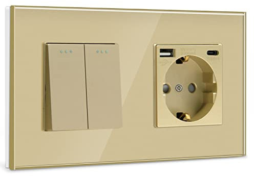 BSEED Lichtschalter mit Steckdose 2 Fach 1 Weg,Wandschalter mit 16A Schuko Steckdose mit USB Anschluss (Max. 2.1A) Typ C Port Gold,Physische Unterputz Wandschalter mit Steckdose- 157mm