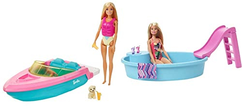 Barbie GRG30 - Puppe und Boot mit Hündchen und Zubehör, Treibt im Wasser, Geschenk für Kinder von 3 bis 7 Jahren & GHL91 - Pool mit Rutsche und Puppe (blond) Spielset, Puppenzubehör, ab 3 Jahren