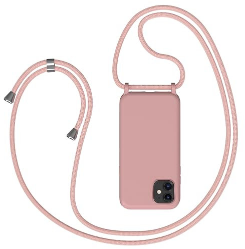 Coqinen Mobile Phone Chain for iPhone 12 Case, Smartphone Necklace, Shockproof Mobile Phone Case with Strap, Adjustable Necklace, Plain TPU Protective Case with Cord for Hanging, Pink Gold