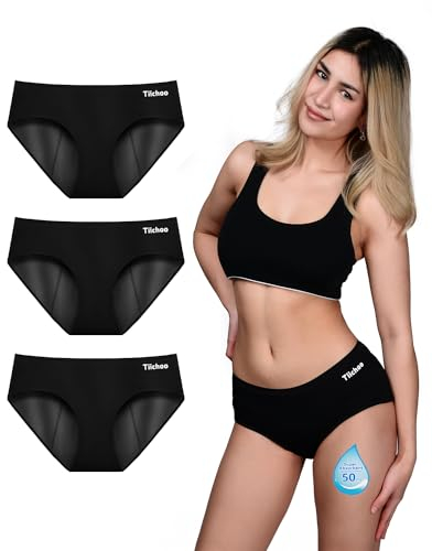 TIICHOO Menstruationsunterwäsche Starke Blutung Periodenslip Damen Perioden Unterwäsche 3er Pack(M, Schwarz 3 stück)