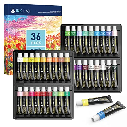 Peinture Acrylique Métallique 36 Tubes 12ml Couleurs Brillantes Kit de Peinture Acrylique Métalliques pour Peinture sur Toile Papier Bois Pierre Céramique Artistes Enfants,Pigments Riches