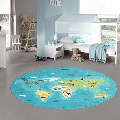 Teppich-Traum Kinderzimmerteppich Weltkarten-Lernspiel Kontinente Tiere & Meere in blau grün, 160 cm rund