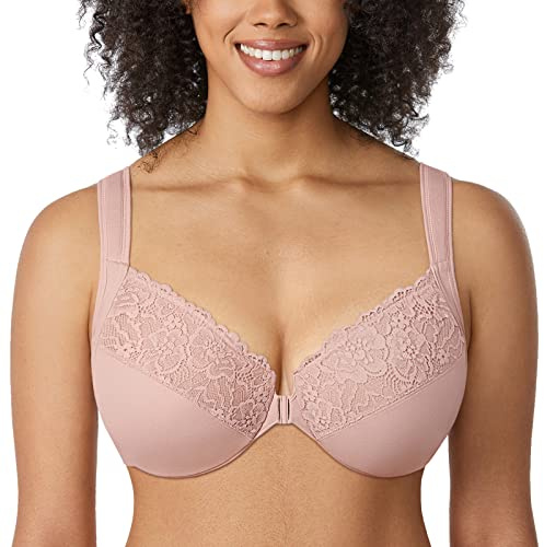 DELIMIRA Damen Vorderverschluss BH mit Bügel BHS Große Brüste Starker Halt Soft Spitzen U-Rücken Ungefüttert Rose rauchte 105C