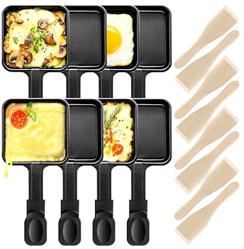 Kosmosta 8 Pack Square Raclette Cheese Pan with Extra Long Handle, 8 Wooden Spatulas, Non-stick Coating, Large Raclette Grill Pan, Replacement Accessories for Raclette Machines