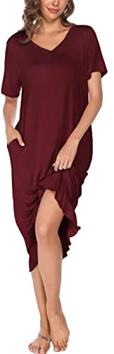 Vlazom Women's Long Nightgown V Neck Sleep Shirt Nightdress Jersey Nightshirt for Loungwear Sleepwear with Pockets, A-Burgundy, M
