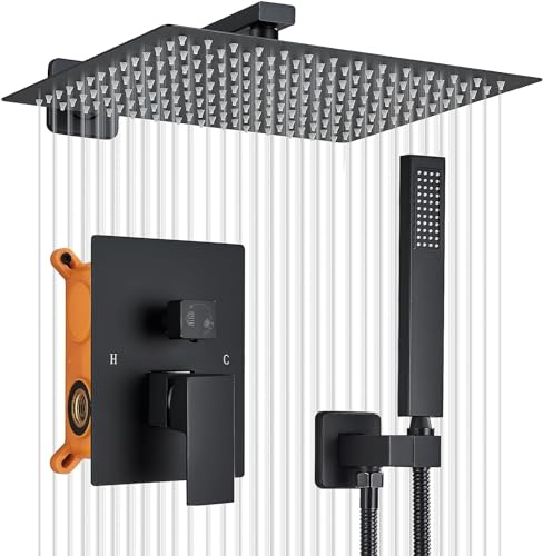 JUNSOTTOR Black Shower Set Concealed Shower System Wall Mounted Shower Mixer Taps Bathroom Luxury Rain Shower Mixer Combo Set with 16-Inch Shower Head Rough in Valve Body Handheld Spray Head Brass