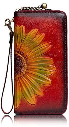 Karoukee Portafoglio in Pelle da Donna, Portamonete Grande con Cerniera, Pochette per Cellulare, Clutch con Disegno Floreale, Porta Carte di Credito con Blocco RFID