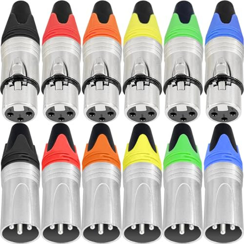 Xiatiaosann 12 PCS 3 Pin XLR Connector, Microphone 6 Male & 6 Female XLR Snake Plug Jack, Mic Audio Solder Socket for High Conductivity and Ultra-low Noise, 6 Colors, Heavy Duty XLR Replacement Plug