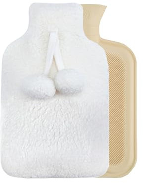 Sleepdown Teddy Fleece Hot Water Bottle and Pom Pom Cover Soft Cosy Fluffy for Neck Back Pain Relief Large 2 Litre - 35 x 23cm - Cream