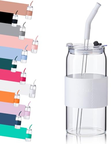 ColoVie Trinkbecher mit 3-in-1-Deckel und Glas-Trinkhalmen (extra Silikonspitzen), weiße Silikon-Schutzhülle, Eiskaffeetasse, Reisewasserflasche, Soda-Bierdosenbecher, heißer Tee, 590 ml