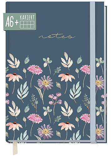 paper&you® Notizbuch kariert A6+ mit Gummiband Flying Flowers mit 156 Seiten, 78 Blatt - Notizheft, Bullet Journal, Tagebuch - nachhaltig & klimafreundlich