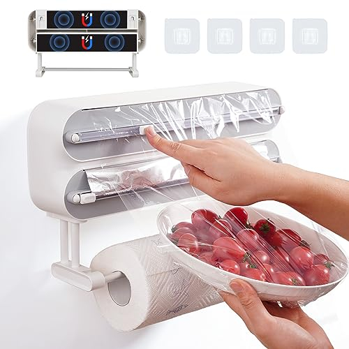 DBREAKS Organizador Papel Aluminio y Film, Portarrollos de Cocina, Dispensador de Film de Cocina, Portarrollos Cocina de Pared, Soporte Papel Cocina, con Film Transparente
