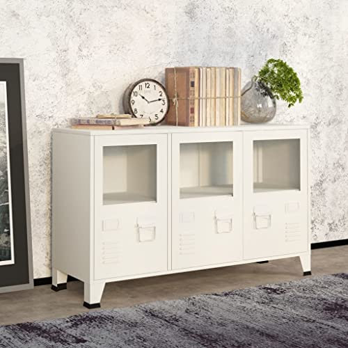 ZQQLVOO Beistelltisch Schränke Buffet Schränke Küche Schränke Industrial Sideboard Weiß 105x35x62 cm Metall und Glas für Wohnzimmer, Esszimmer und Küche