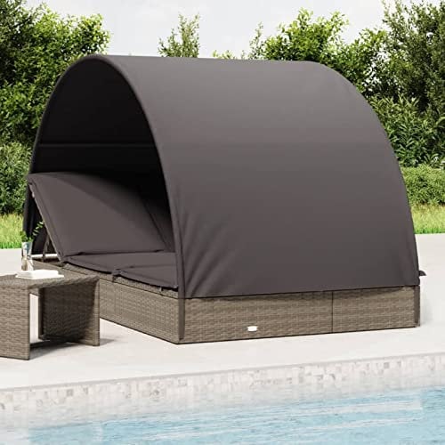 Homgoday Doppelliege mit rundem Dach, grau, 211 x 112 x 140 cm, Polyrattan, Sonnenliegen, Liegen für den Garten, für Terrasse, Pool, Balkon
