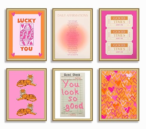 6 Stück rosa und orange adrette Wandkunst Queen Poker Heiligenschein Engel Digitales Poster Tiger Herz You Look Good Yk2 Druck Mode adrette Leinwand ungerahmt Größe: 20,3 x 25,4 cm