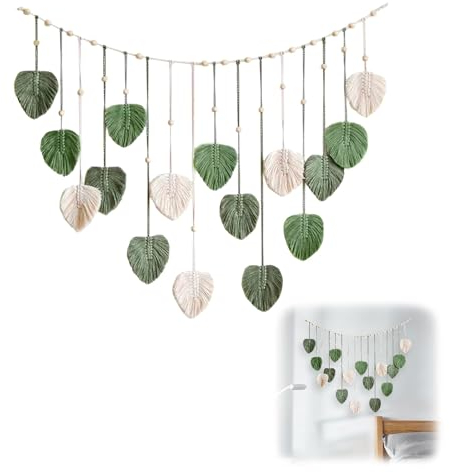 Vordpe Makramee Wandbehang Blätter Boho, Großer Wandteppich Gewebt, für Frauen Schlafzimmer Wohnzimmer Kinderzimmer Deko Geschenk(Grün)